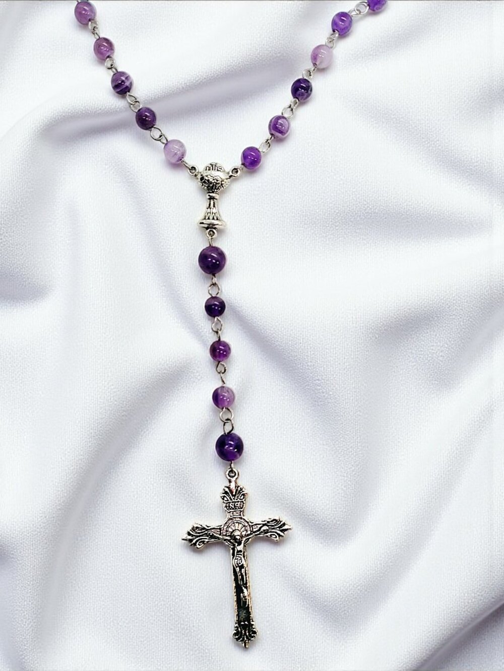 Amethyst Gemstone Rosary Beads Necklace, Catholic Prayer Beads